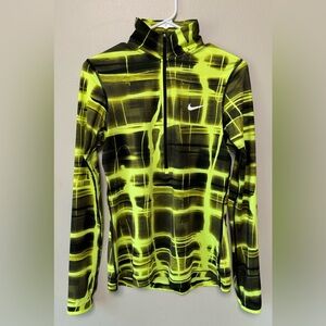 Nike, Size M workout top in neon yellow/black, long sleeve. 3/4 front zipper.